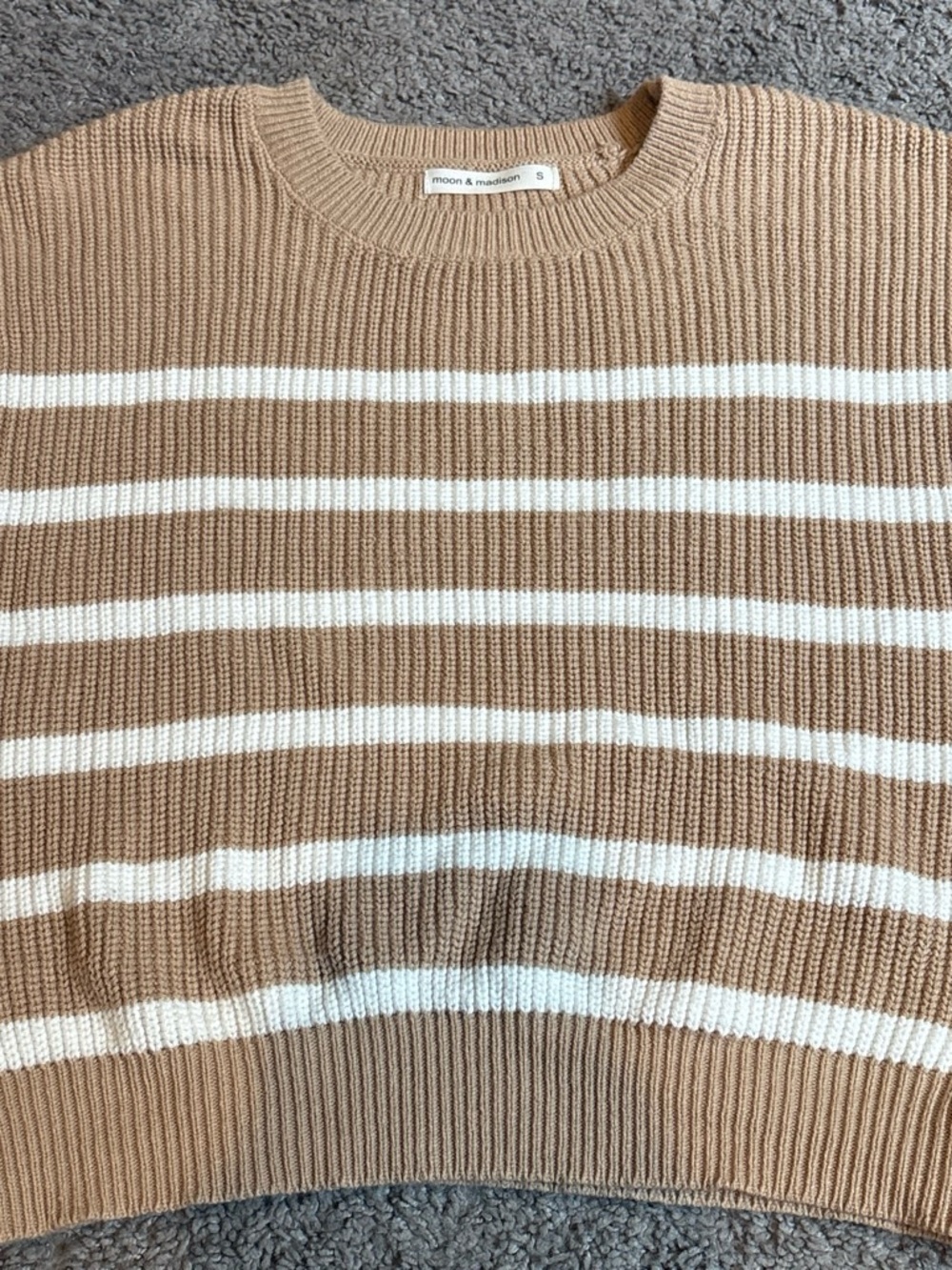 moon & madison Beige and White Striped Crewneck Sweater
